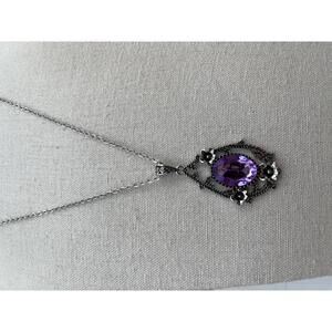 Vintage Style Silver Necklace with Purple Gemstone Faceted Pendant